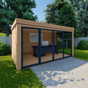 Bureau de jardin en bois massif 11,8m² – madriers 40mm traités teinté marron Gardy Shelter