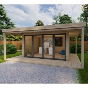 Bureau de jardin en bois massif avec terrasse 16,5m² – madriers 40mm Gardy Shelter