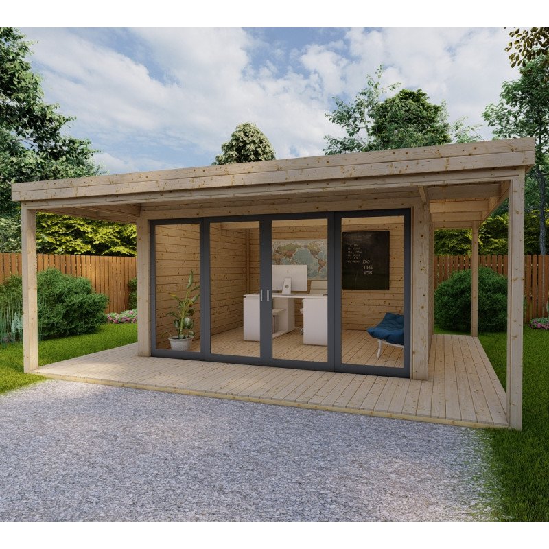 Bureau de jardin en bois massif avec terrasse 16,5m² – madriers 40mm Gardy Shelter