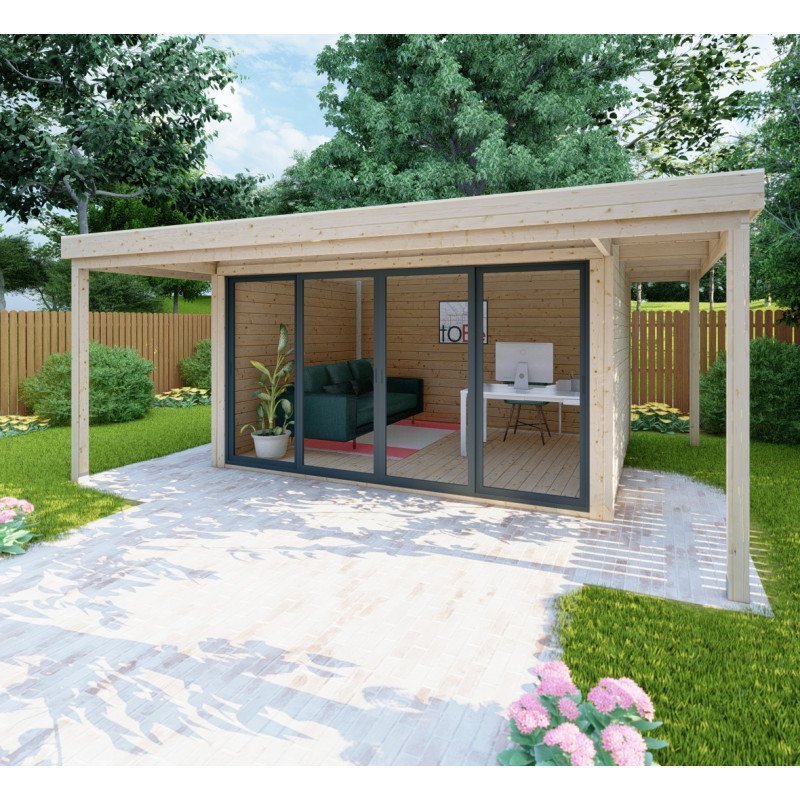 Bureau de jardin en bois massif avec terrasse 16,5m² – madriers 40mm Gardy Shelter – Image 6