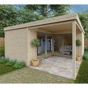 Bureau de jardin en bois massif 11,8 m² – Madriers 40 mm teintés marron – Gardy Shelter