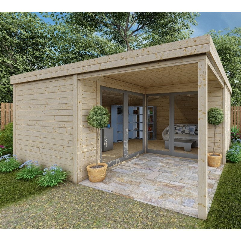 Bureau de jardin en bois massif 11,8 m² – Madriers 40 mm teintés marron – Gardy Shelter – Image 10