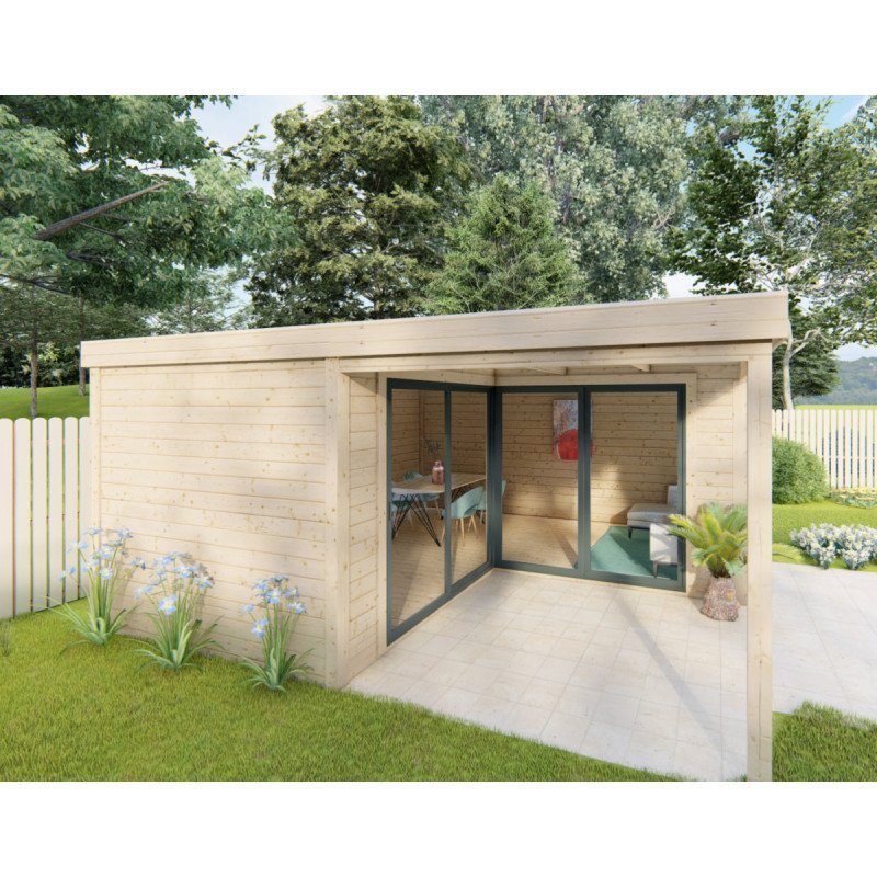 Bureau de jardin en bois massif 11,8 m² – Madriers 40 mm teintés marron – Gardy Shelter – Image 5