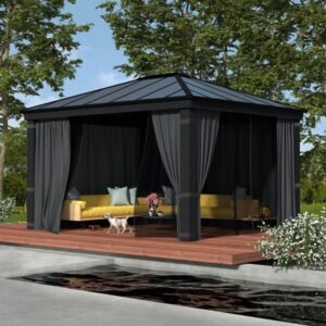 Pergola bioclimatique aluminium anthracite 10,80 m² – Lames ovales et moucharabieh – Habrita
