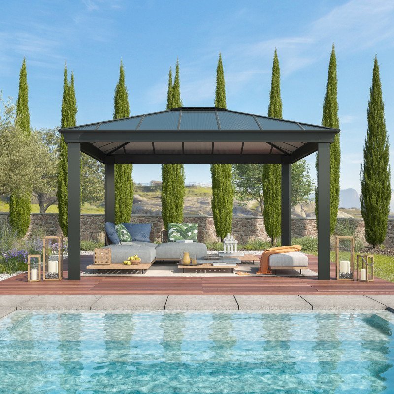 Pergola bioclimatique aluminium anthracite 10,80 m² – Lames ovales et moucharabieh – Habrita – Image 4
