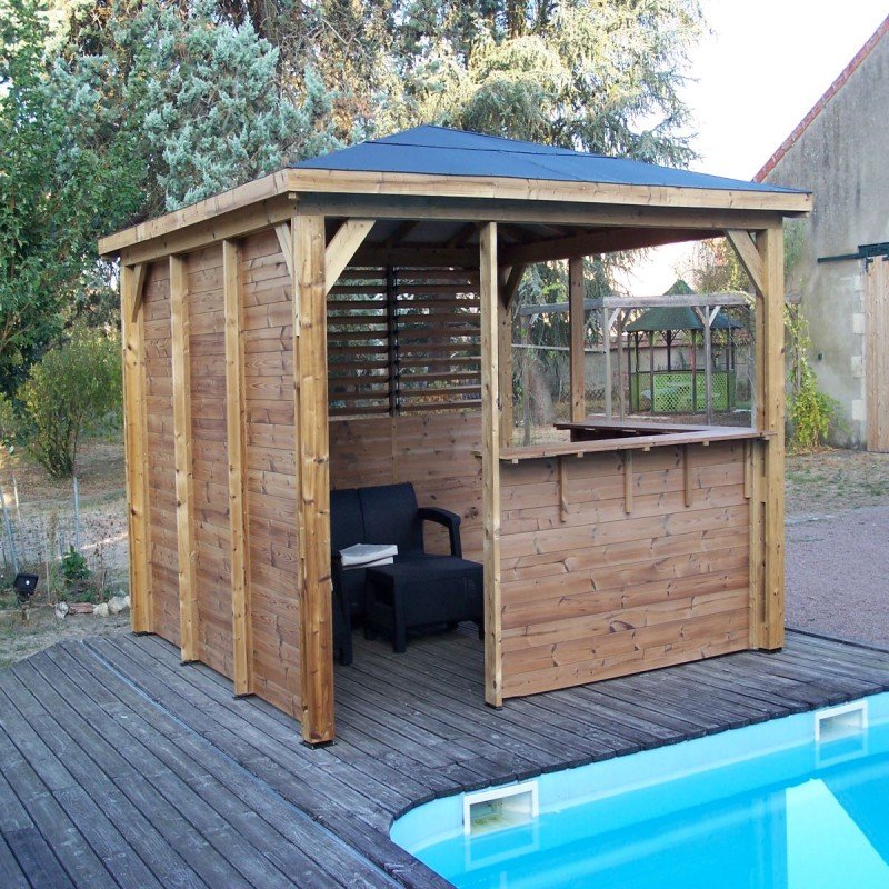 Pool house en bois thermo traité 12,32m² BLUETERM, 1 paroi mur plein, 1 paroi ventelles, 2 parois comptoirs – HABRITA – Image 6